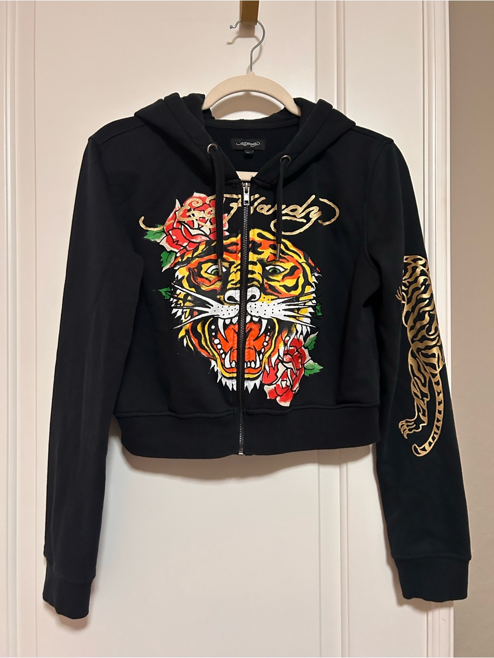 Y2K 🐯🌹 Ed Hardy Cropped Black Hoodie 🐅🌹 Tiger & Rose Graphic🐯🌹